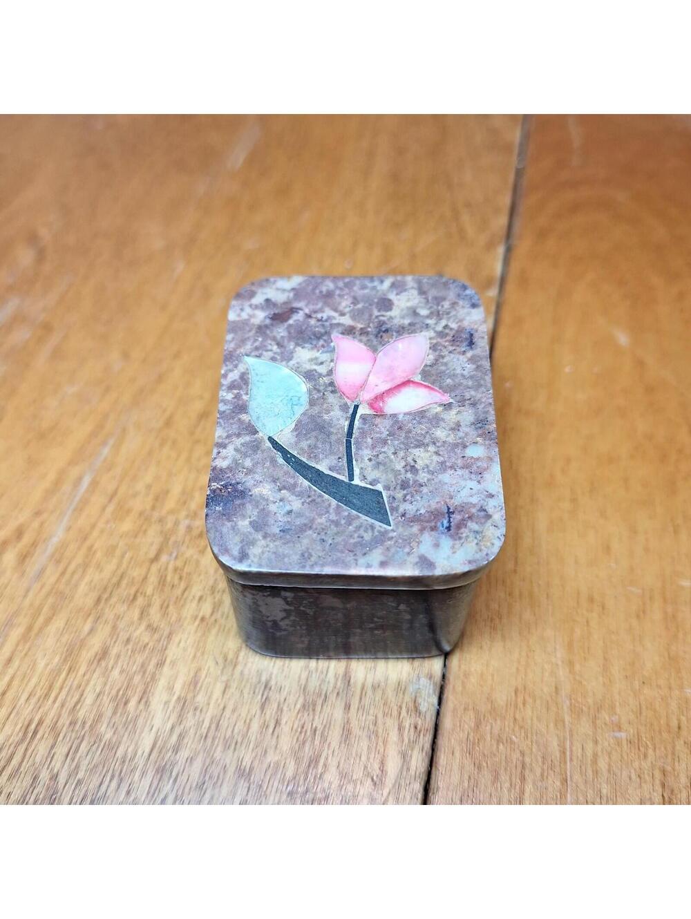 Stone Mother Of Pearl Inlay Flower Trinket Box Hand Carved Alabaster Rectangle